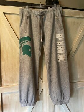 Pink Victoria Secret Sweat Jogger Pants Michigan State College Size Medium Gray